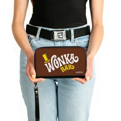 PU Zip Around Wallet Rectangle - Willy Wonka and the Chocolate Factory WONKA BAR Logo Brown Yellow White