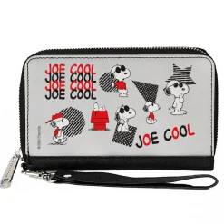 PU Zip Around Wallet Rectangle - Peanuts JOE COOL Snoopy Poses and Text Gray/Black/Red/White