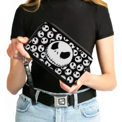 PU Zip Around Wallet Rectangle - The Nightmare Before Christmas Jack Expression3 Centered/Scattered Black/White