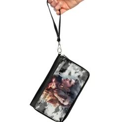 PU Zip Around Wallet Rectangle - Supernatural 4-Character Collage in Clouds Grays/Sepia