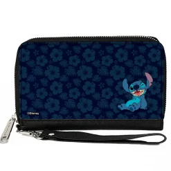 PU Zip Around Wallet Rectangle - Stitch Winking Pose/Tropical Flora Blues