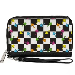 PU Zip Around Wallet Rectangle - Mushrooms Scattered2 Checker Black White Multi Neon