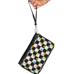 PU Zip Around Wallet Rectangle - Mushrooms Scattered2 Checker Black White Multi Neon