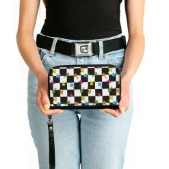 PU Zip Around Wallet Rectangle - Mushrooms Scattered2 Checker Black White Multi Neon