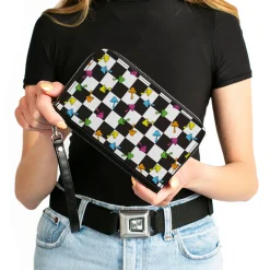 PU Zip Around Wallet Rectangle - Mushrooms Scattered2 Checker Black White Multi Neon