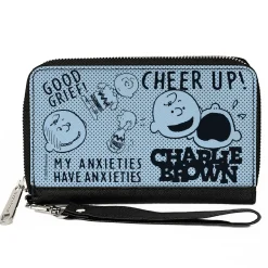 PU Zip Around Wallet Rectangle - CHARLIE BROWN Poses and Quotes Baby Blue/Black