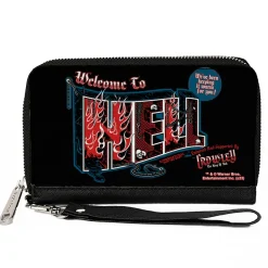 PU Zip Around Wallet Rectangle - Supernatural Crowley WELCOME TO HELL Flames Skulls and Chains Black/Blue/Red/White