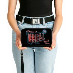 PU Zip Around Wallet Rectangle - Supernatural Crowley WELCOME TO HELL Flames Skulls and Chains Black/Blue/Red/White