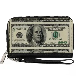 PU Zip Around Wallet Rectangle - 100 Dollar Bills