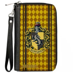 PU Zip Around Wallet Rectangle - HUFFLEPUFF Crest Stripes/Diamonds Gold/Browns