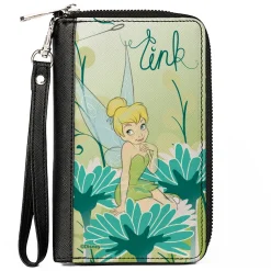 PU Zip Around Wallet Rectangle - Tinker Bell Sitting on Flower Pose Greens/Aqua Blues