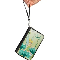 PU Zip Around Wallet Rectangle - Tinker Bell Sitting on Flower Pose Greens/Aqua Blues