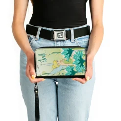 PU Zip Around Wallet Rectangle - Tinker Bell Sitting on Flower Pose Greens/Aqua Blues