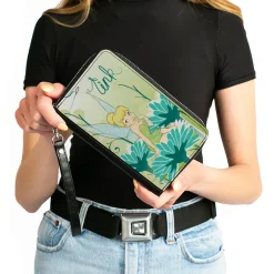 PU Zip Around Wallet Rectangle - Tinker Bell Sitting on Flower Pose Greens/Aqua Blues