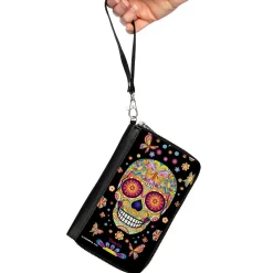 PU Zip Around Wallet Rectangle - Mariposa Calaveras/Butterflies/Flowers Black/Multi Color