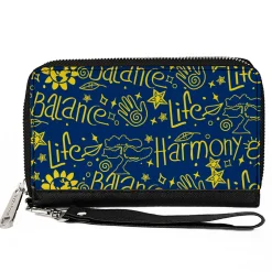 PU Zip Around Wallet Rectangle - HARMONY BALANCE LIFE Icons Collage Blue/Yellow