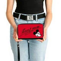 PU Zip Around Wallet Rectangle - Mickey Mouse Autograph and Smiling Face Red/Black