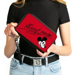 PU Zip Around Wallet Rectangle - Mickey Mouse Autograph and Smiling Face Red/Black