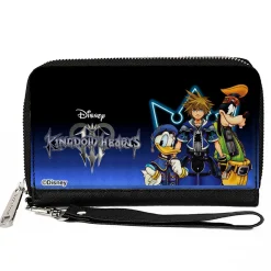 PU Zip Around Wallet Rectangle - Kingdom Hearts Donald Sora and Goofy Group Pose Blue Fade