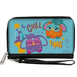 PU Zip Around Wallet Rectangle - Furby Purple and Orange Furby CHILL TIME Pose Blue/Purple