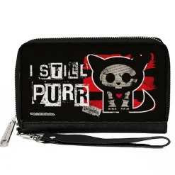 PU Zip Around Wallet Rectangle - Skelanimals Kit the Cat I STILL PURR Pose Red/Black/White