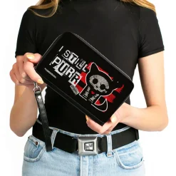PU Zip Around Wallet Rectangle - Skelanimals Kit the Cat I STILL PURR Pose Red/Black/White