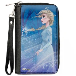 PU Zip Around Wallet Rectangle - Frozen Elsa Pose Swirling Snowflakes Blues