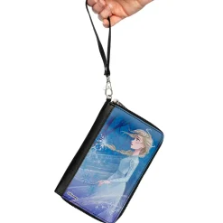 PU Zip Around Wallet Rectangle - Frozen Elsa Pose Swirling Snowflakes Blues