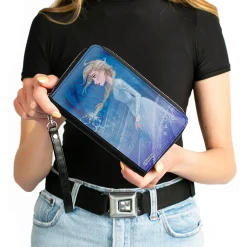 PU Zip Around Wallet Rectangle - Frozen Elsa Pose Swirling Snowflakes Blues