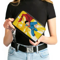 PU Zip Around Wallet Rectangle - Superman No Face Pose and Shield Logo Rays Yellows