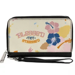 PU Zip Around Wallet Rectangle - BLESSED NOT STRESSED Quote Tropical Flowers Beige Multi Color
