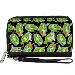 PU Zip Around Wallet Rectangle - Rick and Morty Portal Multi Character Scattered Black/Green