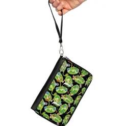 PU Zip Around Wallet Rectangle - Rick and Morty Portal Multi Character Scattered Black/Green