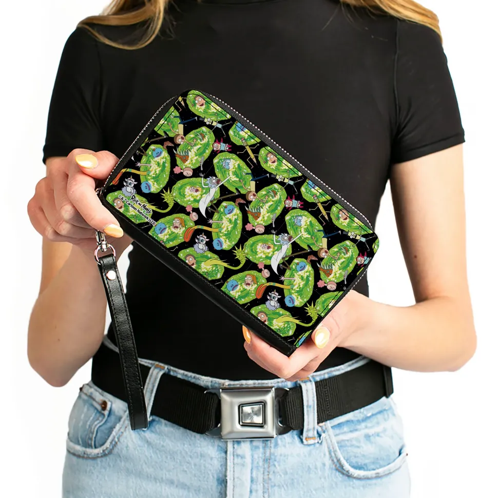 PU Zip Around Wallet Rectangle - Rick and Morty Portal Multi Character Scattered Black/Green