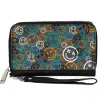 PU Zip Around Wallet Rectangle - Smiley Face Crossbones Stacked Gray/Multi Color