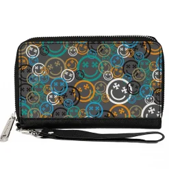 PU Zip Around Wallet Rectangle - Smiley Face Crossbones Stacked Gray/Multi Color