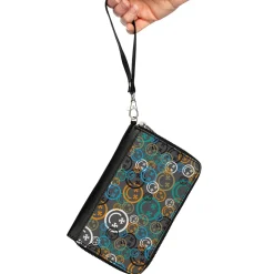 PU Zip Around Wallet Rectangle - Smiley Face Crossbones Stacked Gray/Multi Color