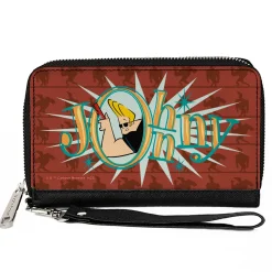PU Zip Around Wallet Rectangle - JOHNNY BRAVO Title Logo and Flex Pose Turns Reds