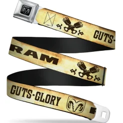 Ram Seatbelt Belt - RAM Logo/Pistons/GUTS-GLORY Weathered/Chocolate Brown Webbing