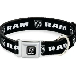 Ram Shield Logo Full Color Black/White Seatbelt Buckle Collar - RAM Shield Logo/Bold Text Black/White