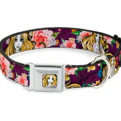 Rapunzel Sketch Full Color Seatbelt Buckle Collar - Rapunzel Poses/Floral Collage Sketch Purple