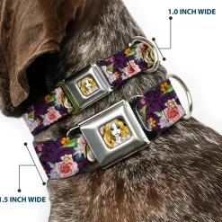 Rapunzel Sketch Full Color Seatbelt Buckle Collar - Rapunzel Poses/Floral Collage Sketch Purple