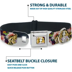 Rapunzel Sketch Full Color Seatbelt Buckle Collar - Rapunzel Poses/Floral Collage Sketch Purple