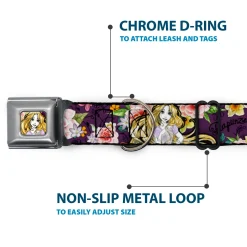 Rapunzel Sketch Full Color Seatbelt Buckle Collar - Rapunzel Poses/Floral Collage Sketch Purple