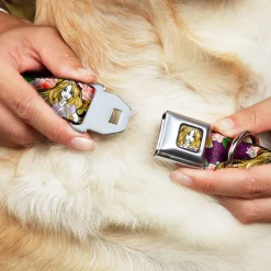 Rapunzel Sketch Full Color Seatbelt Buckle Collar - Rapunzel Poses/Floral Collage Sketch Purple