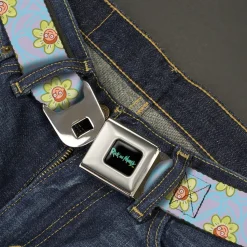 RICK AND MORTY Text Logo Full Color Black/Blue Seatbelt Belt - Rick & Morty Morty Face Flowers Scattered Doodle Blue/Lavender Webbing