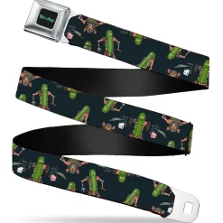 RICK AND MORTY Text Logo Full Color Black/Blue Seatbelt Belt - Rick and Morty Pickle Rick Rat Suit Poses Scattered Black Webbing