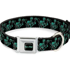 RICK AND MORTY Text Logo Full Color Black/Blue Seatbelt Buckle Collar - Rick and Morty Psychedelic Monster Pose Black/Greens