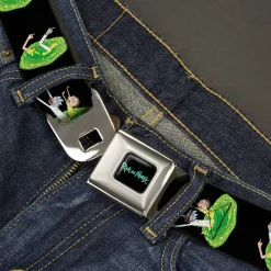 RICK AND MORTY Text Logo Full Color Black/Blue Seatbelt Belt - Rick and Morty Middle Finger Portal Jump Poses Black Webbing