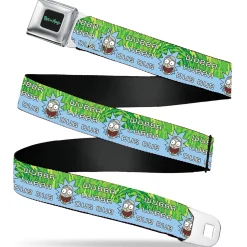 RICK AND MORTY Text Logo Full Color Black/Blue Seatbelt Belt - Rick and Morty Rick WUBBA LUBBA DUB DUB Face Greens/Blue Webbing